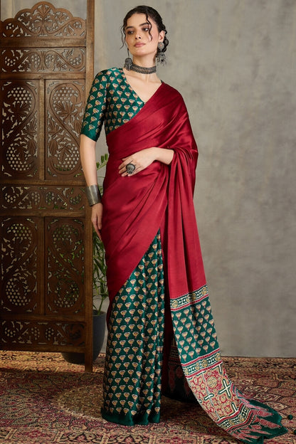 Mellifluous Red Ajrakh Printed Semi Modal Silk Saree With Moiety Blouse Piece
