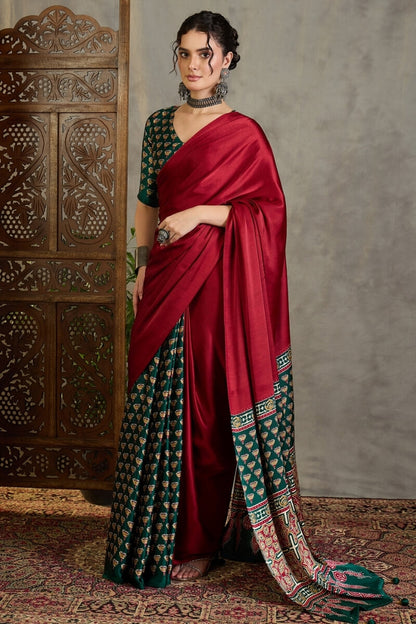 Mellifluous Red Ajrakh Printed Semi Modal Silk Saree With Moiety Blouse Piece