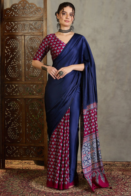 Scrumptious Navy Blue Ajrakh Printed Semi Modal Silk Saree With Flamboyant Blouse Piece