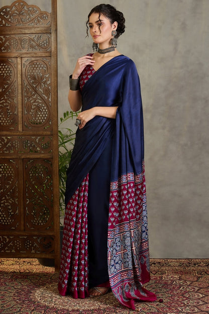 Scrumptious Navy Blue Ajrakh Printed Semi Modal Silk Saree With Flamboyant Blouse Piece