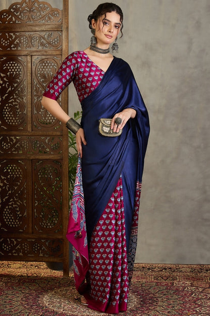 Scrumptious Navy Blue Ajrakh Printed Semi Modal Silk Saree With Flamboyant Blouse Piece