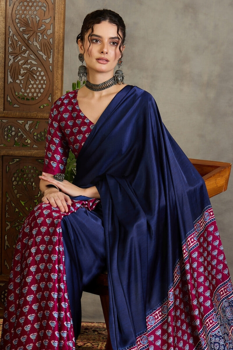Scrumptious Navy Blue Ajrakh Printed Semi Modal Silk Saree With Flamboyant Blouse Piece
