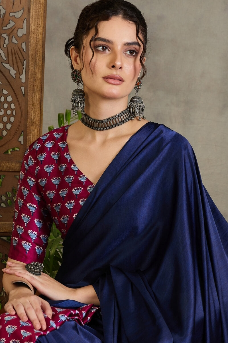 Scrumptious Navy Blue Ajrakh Printed Semi Modal Silk Saree With Flamboyant Blouse Piece