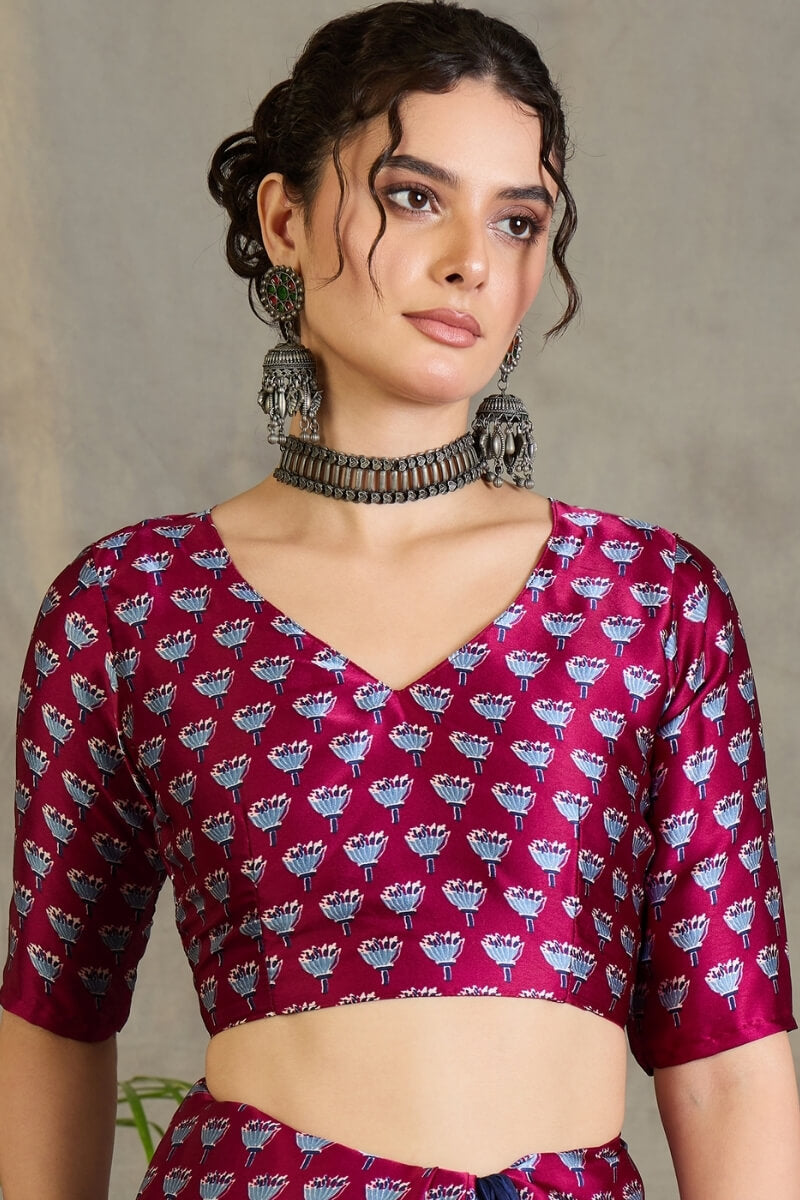 Scrumptious Navy Blue Ajrakh Printed Semi Modal Silk Saree With Flamboyant Blouse Piece