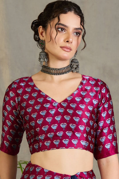 Scrumptious Navy Blue Ajrakh Printed Semi Modal Silk Saree With Flamboyant Blouse Piece