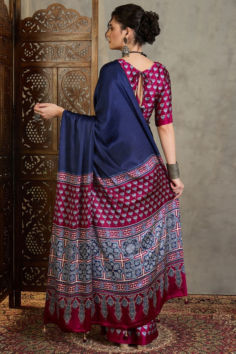 Scrumptious Navy Blue Ajrakh Printed Semi Modal Silk Saree With Flamboyant Blouse Piece