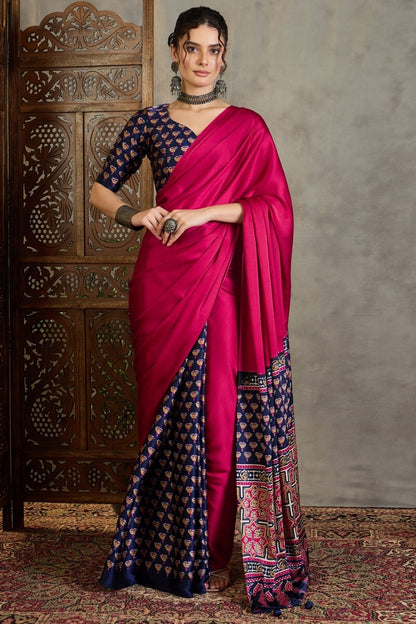 Enamoring Dark Pink Ajrakh Printed Semi Modal Silk Saree With Susurrous Blouse Piece