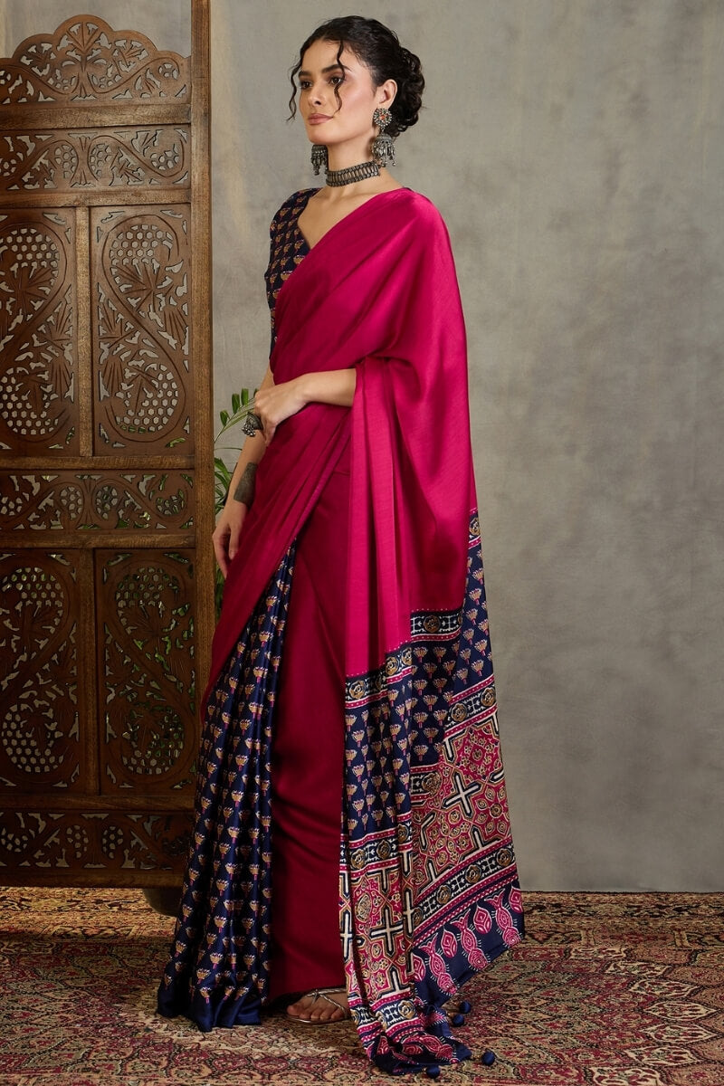 Enamoring Dark Pink Ajrakh Printed Semi Modal Silk Saree With Susurrous Blouse Piece