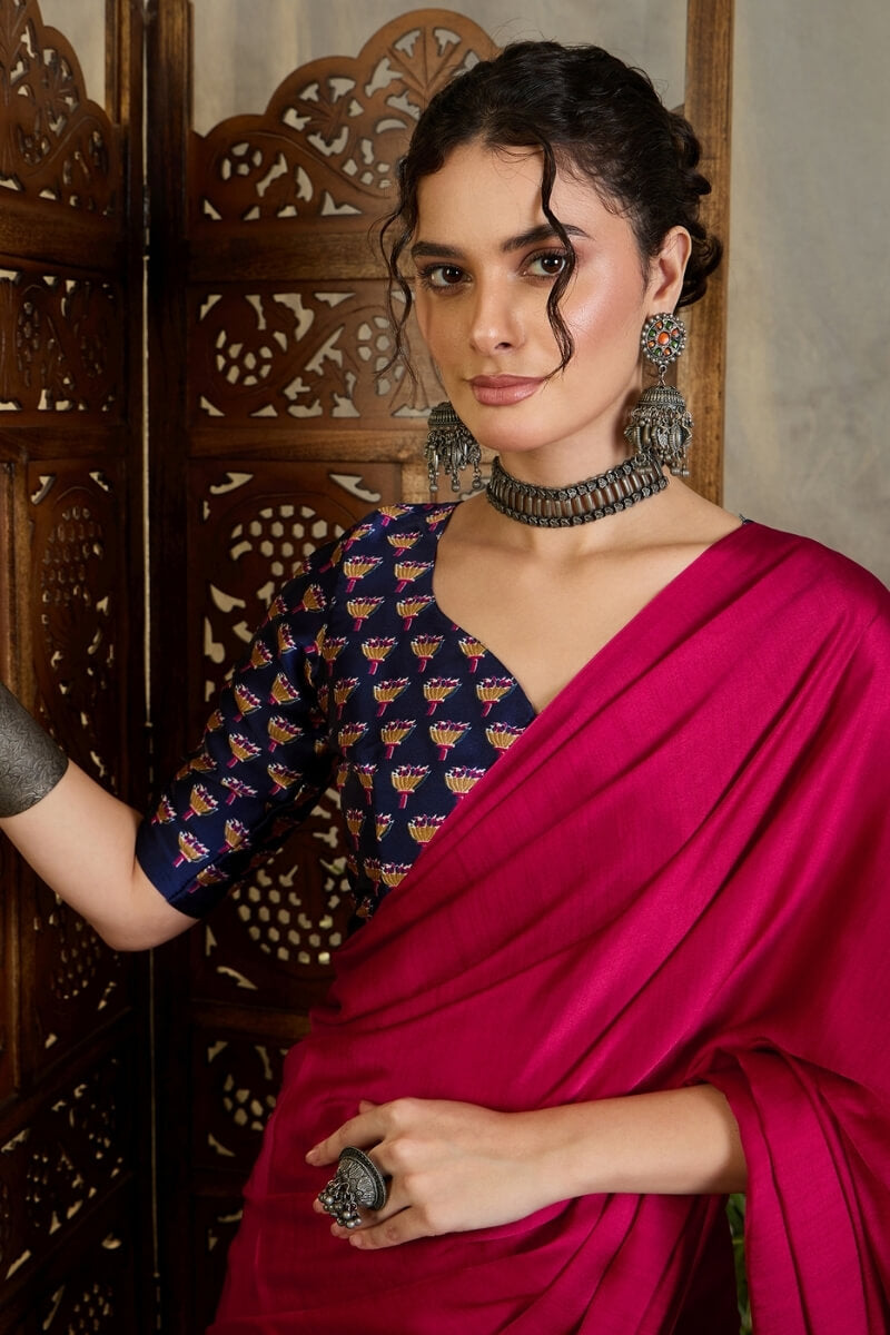 Enamoring Dark Pink Ajrakh Printed Semi Modal Silk Saree With Susurrous Blouse Piece