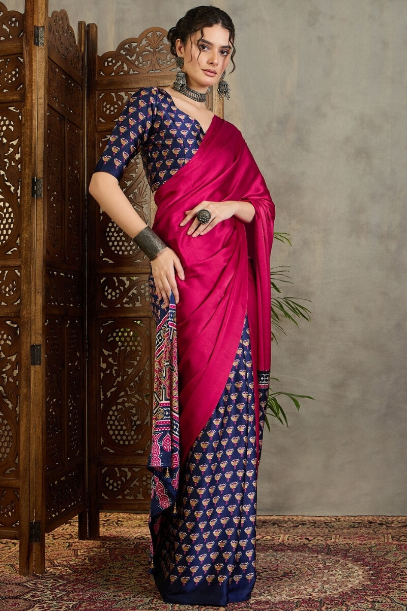 Enamoring Dark Pink Ajrakh Printed Semi Modal Silk Saree With Susurrous Blouse Piece