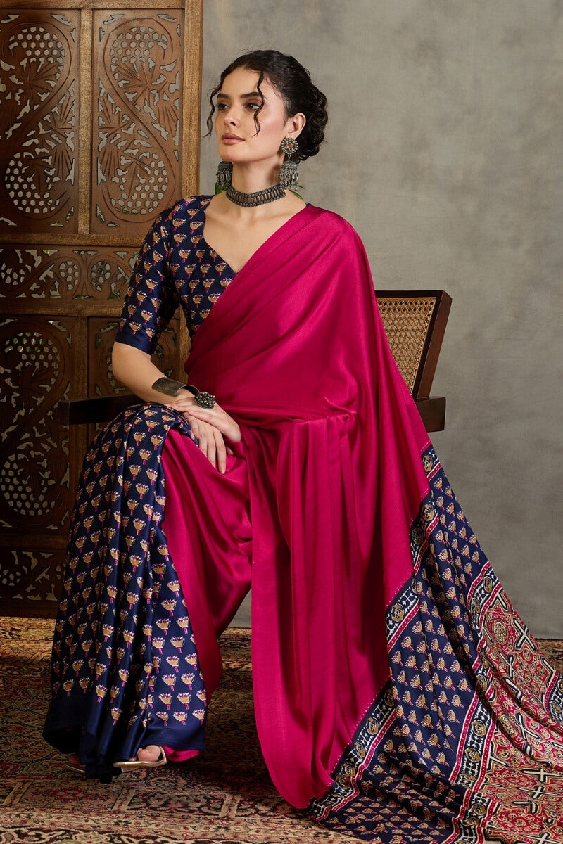 Enamoring Dark Pink Ajrakh Printed Semi Modal Silk Saree With Susurrous Blouse Piece