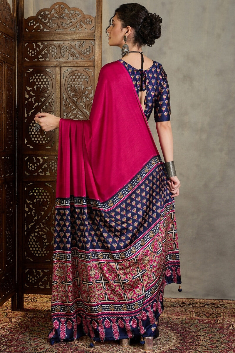Enamoring Dark Pink Ajrakh Printed Semi Modal Silk Saree With Susurrous Blouse Piece