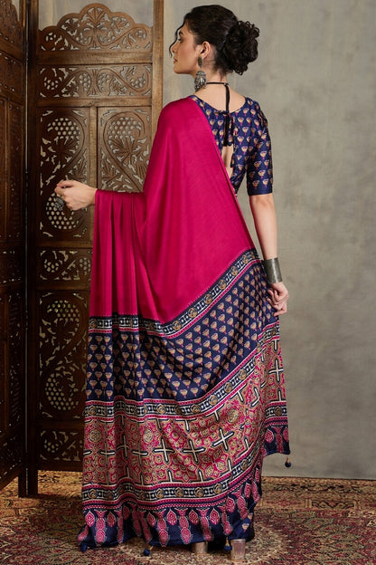 Enamoring Dark Pink Ajrakh Printed Semi Modal Silk Saree With Susurrous Blouse Piece