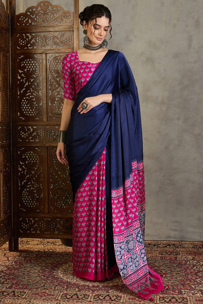Magnificat Navy Blue Ajrakh Printed Semi Modal Silk Saree With Rhapsodic Blouse Piece