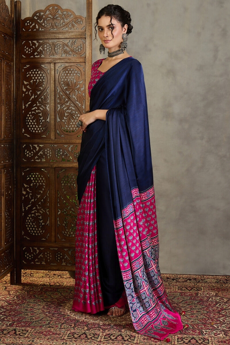 Magnificat Navy Blue Ajrakh Printed Semi Modal Silk Saree With Rhapsodic Blouse Piece