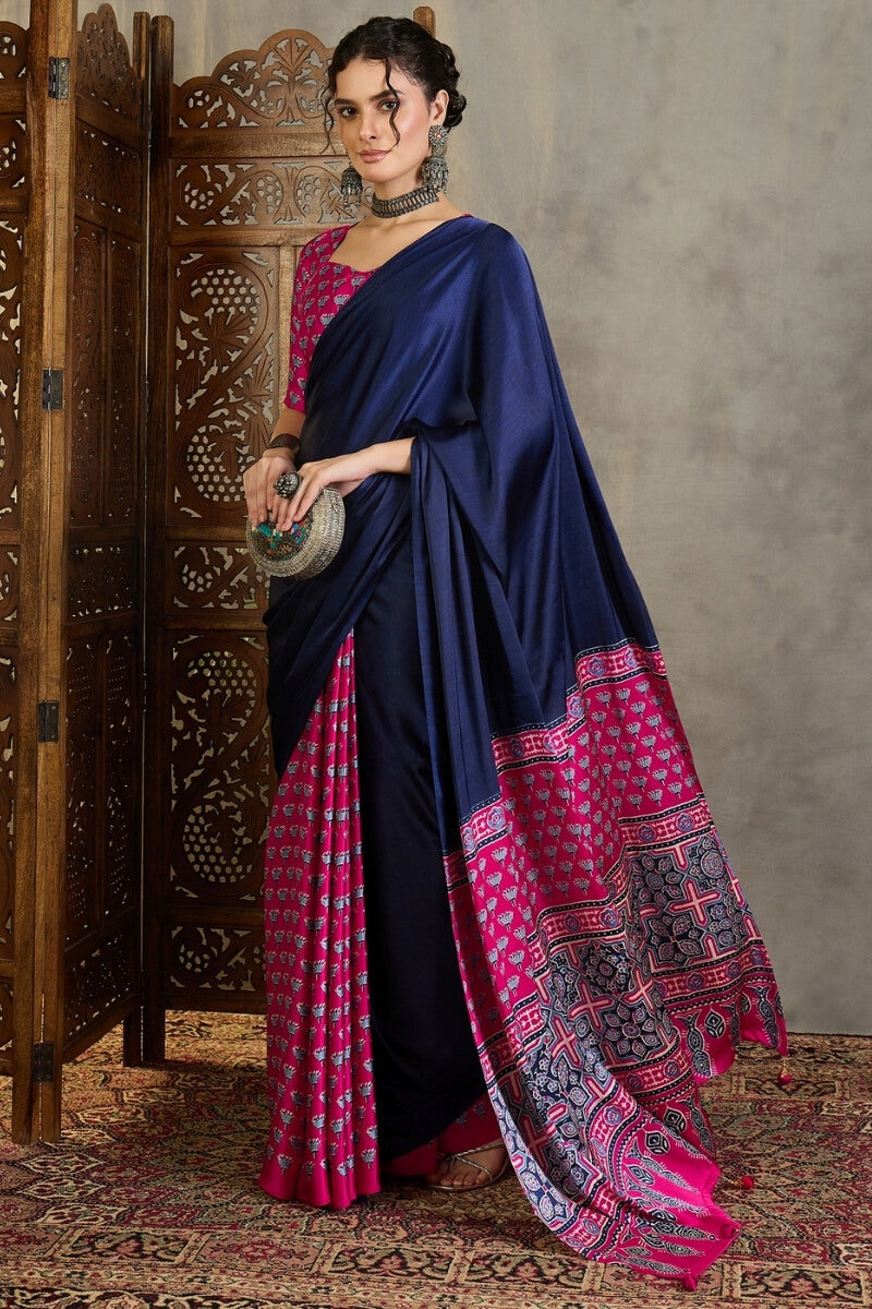 Magnificat Navy Blue Ajrakh Printed Semi Modal Silk Saree With Rhapsodic Blouse Piece