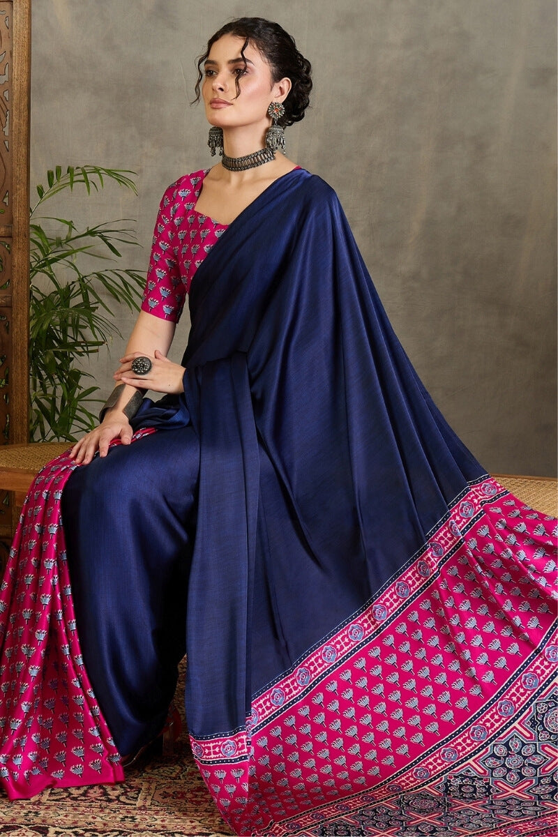 Magnificat Navy Blue Ajrakh Printed Semi Modal Silk Saree With Rhapsodic Blouse Piece
