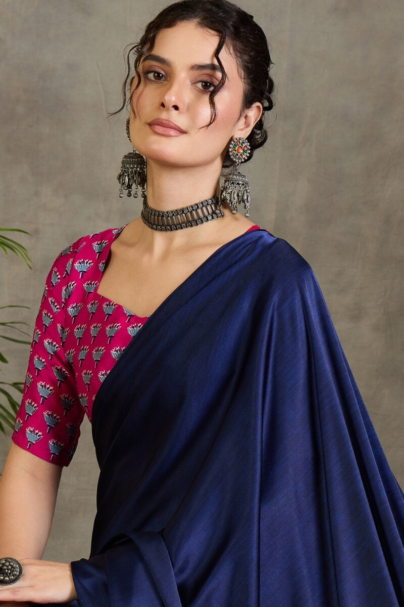 Magnificat Navy Blue Ajrakh Printed Semi Modal Silk Saree With Rhapsodic Blouse Piece