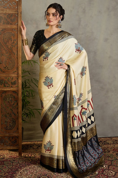 Pulsating Off White Ajrakh Printed Semi Modal Silk Saree With Forbearance Blouse Piece
