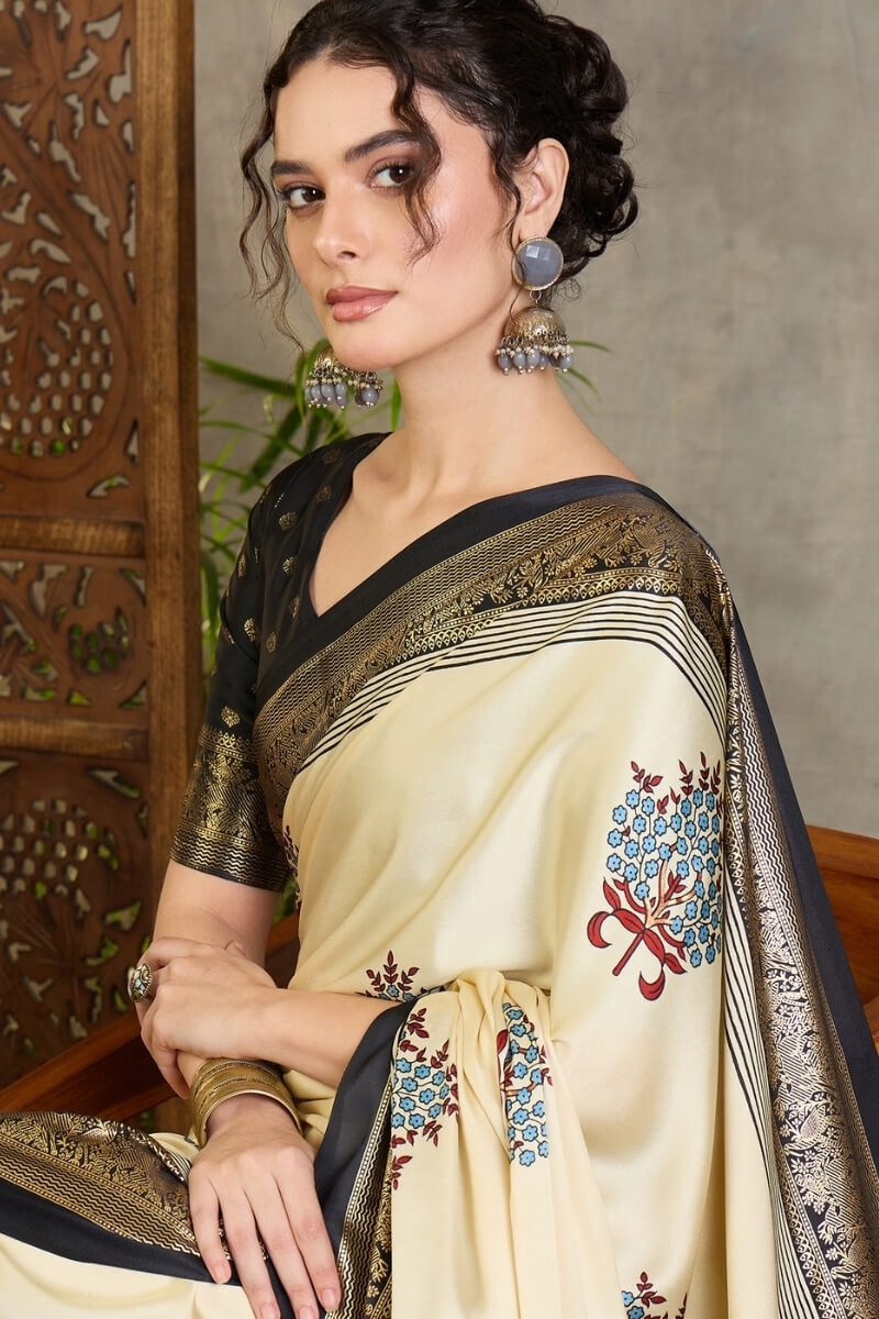 Pulsating Off White Ajrakh Printed Semi Modal Silk Saree With Forbearance Blouse Piece