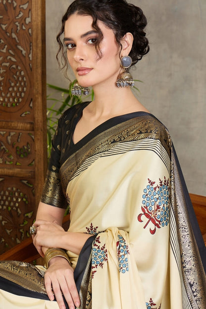 Pulsating Off White Ajrakh Printed Semi Modal Silk Saree With Forbearance Blouse Piece