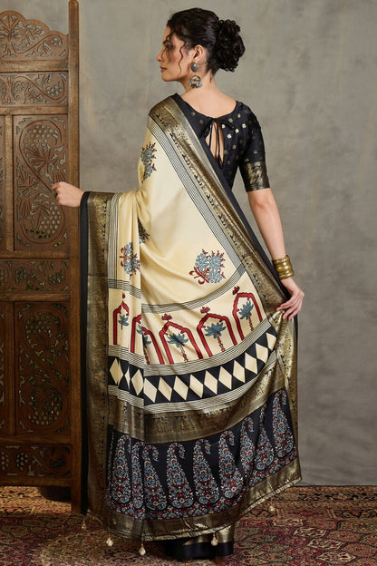 Pulsating Off White Ajrakh Printed Semi Modal Silk Saree With Forbearance Blouse Piece