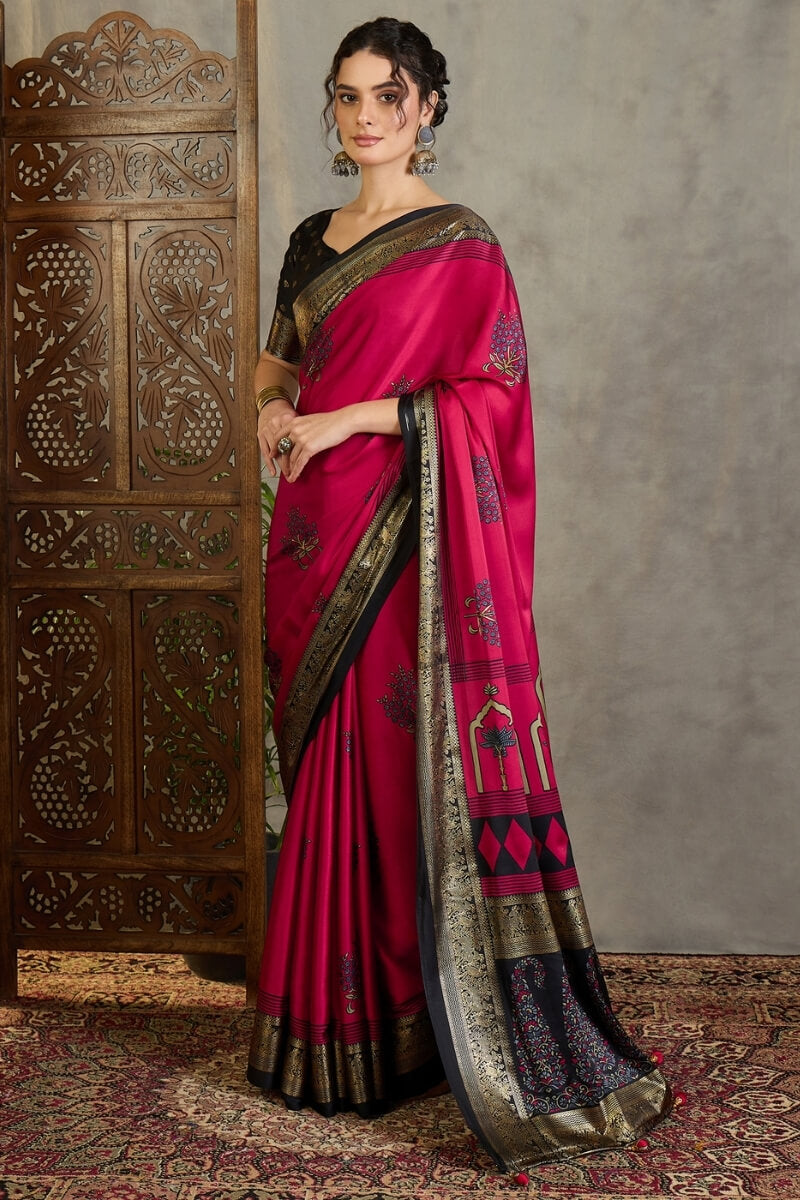 Surpassing Dark Pink Ajrakh Printed Semi Modal Silk Saree With Imaginative Blouse Piece