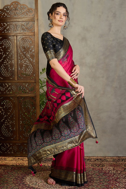 Surpassing Dark Pink Ajrakh Printed Semi Modal Silk Saree With Imaginative Blouse Piece