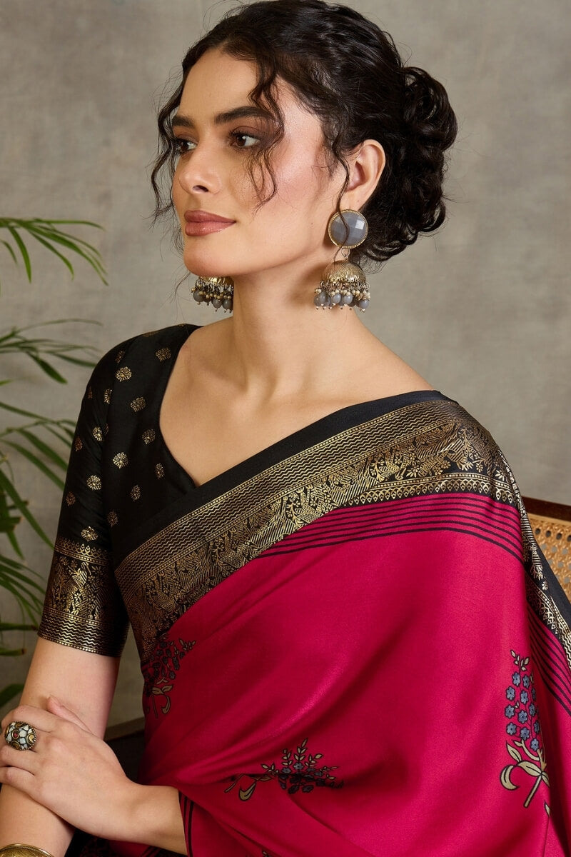 Surpassing Dark Pink Ajrakh Printed Semi Modal Silk Saree With Imaginative Blouse Piece