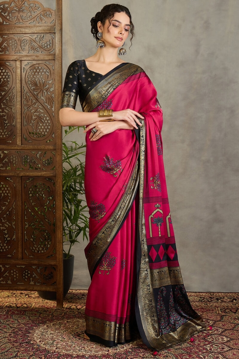 Surpassing Dark Pink Ajrakh Printed Semi Modal Silk Saree With Imaginative Blouse Piece