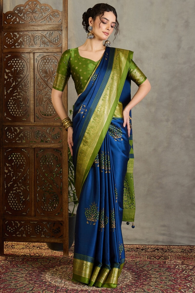 Elegant Navy Blue Ajrakh Printed Semi Modal Silk Saree With Exemplary Blouse Piece