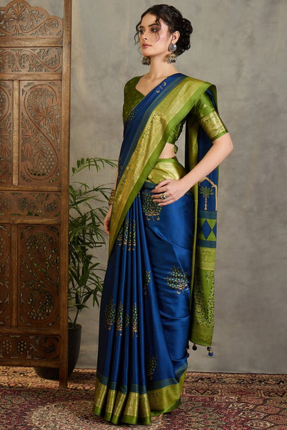 Elegant Navy Blue Ajrakh Printed Semi Modal Silk Saree With Exemplary Blouse Piece