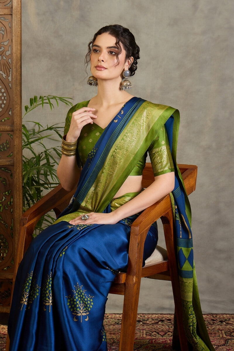 Elegant Navy Blue Ajrakh Printed Semi Modal Silk Saree With Exemplary Blouse Piece
