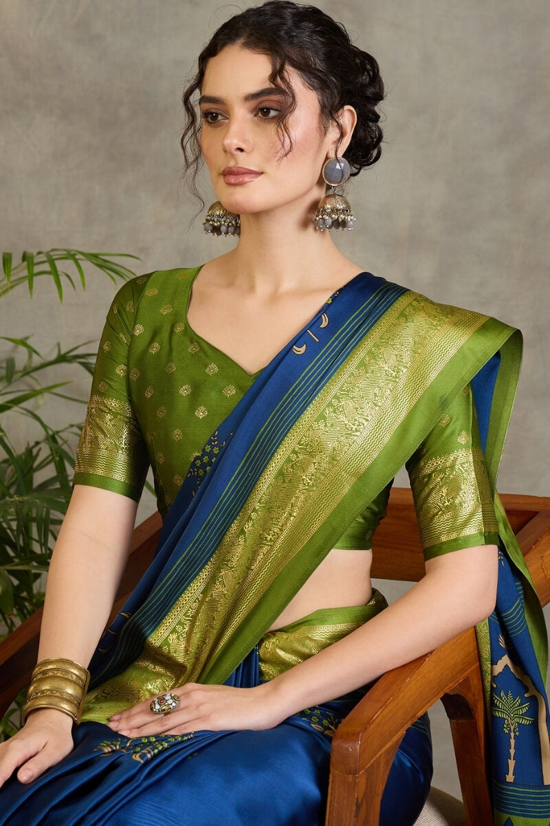 Elegant Navy Blue Ajrakh Printed Semi Modal Silk Saree With Exemplary Blouse Piece