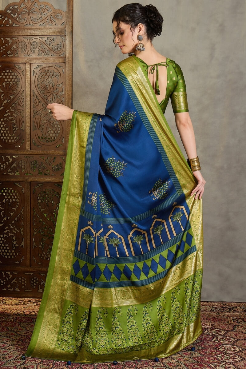Elegant Navy Blue Ajrakh Printed Semi Modal Silk Saree With Exemplary Blouse Piece