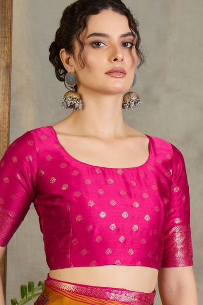 Amiable Mustard Ajrakh Printed Semi Modal Silk Saree With Gratifying Blouse Piece