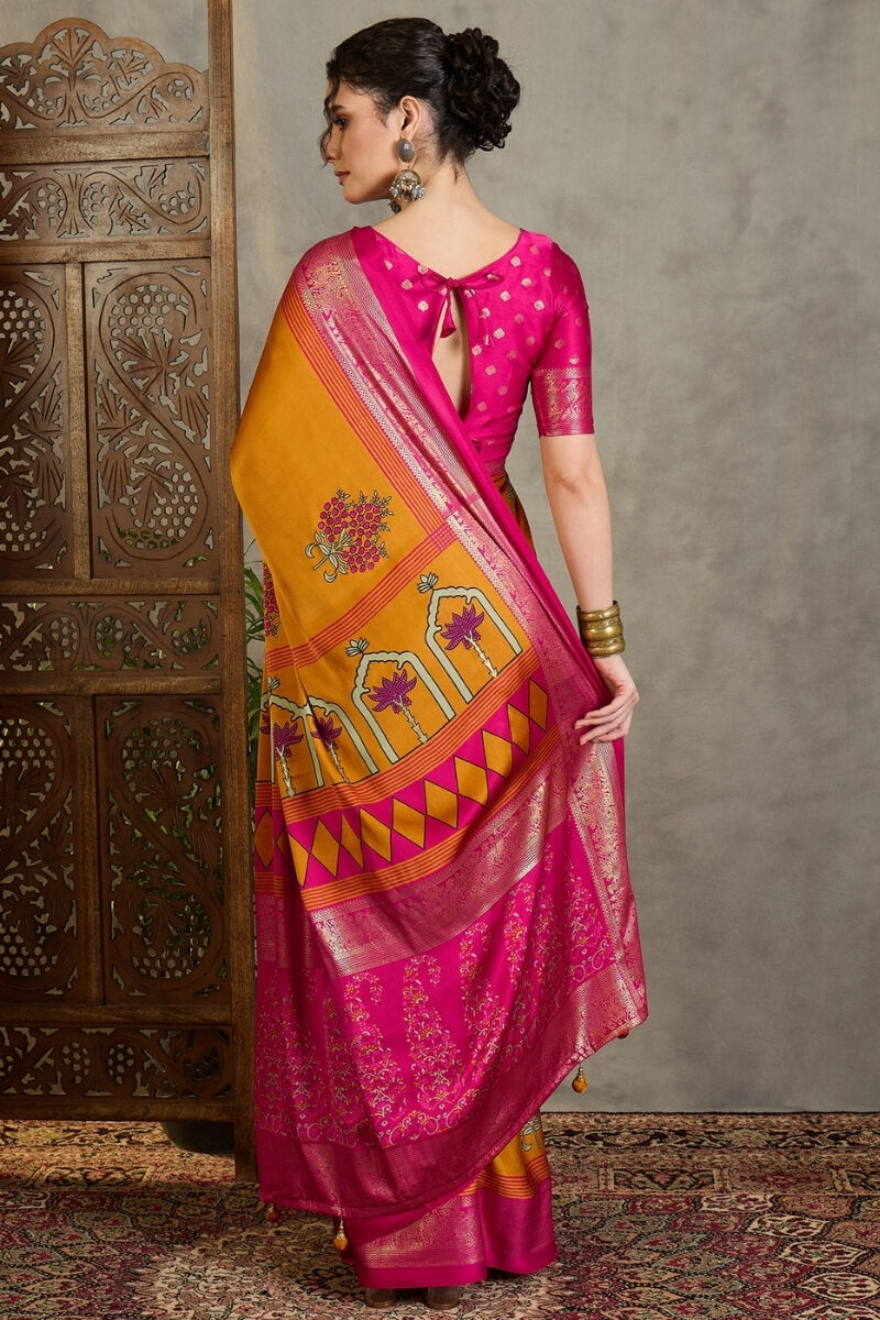 Amiable Mustard Ajrakh Printed Semi Modal Silk Saree With Gratifying Blouse Piece