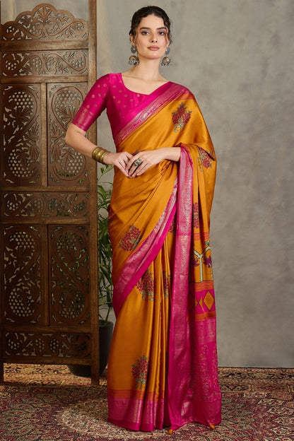Amiable Mustard Ajrakh Printed Semi Modal Silk Saree With Gratifying Blouse Piece