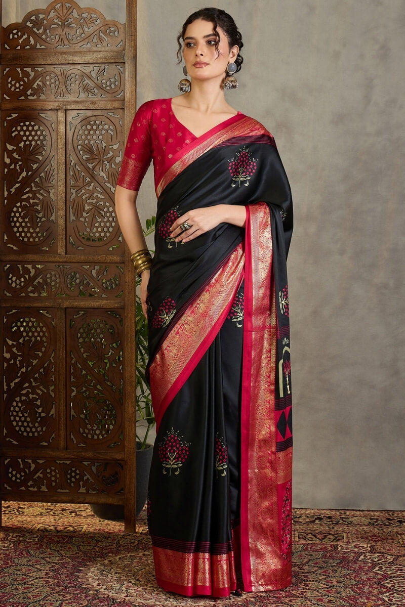Adoring Black Ajrakh Printed Semi Modal Silk Saree With Nectarous Blouse Piece