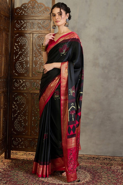 Adoring Black Ajrakh Printed Semi Modal Silk Saree With Nectarous Blouse Piece