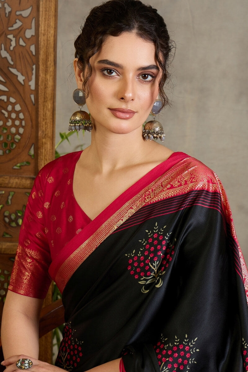 Adoring Black Ajrakh Printed Semi Modal Silk Saree With Nectarous Blouse Piece