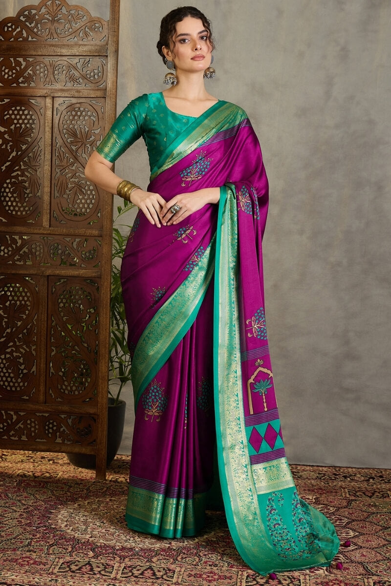 Snappy Purple Ajrakh Printed Semi Modal Silk Saree With Glorious Blouse Piece