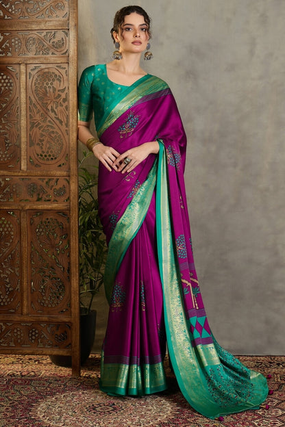 Snappy Purple Ajrakh Printed Semi Modal Silk Saree With Glorious Blouse Piece