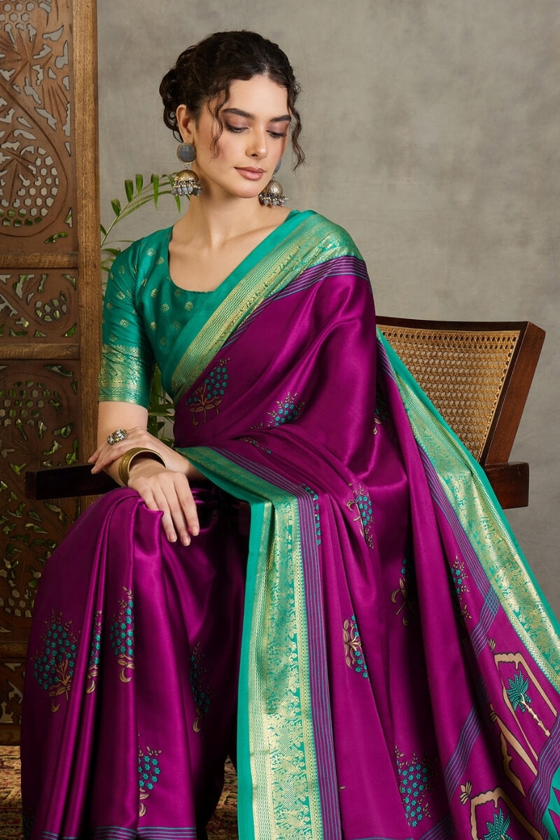 Snappy Purple Ajrakh Printed Semi Modal Silk Saree With Glorious Blouse Piece