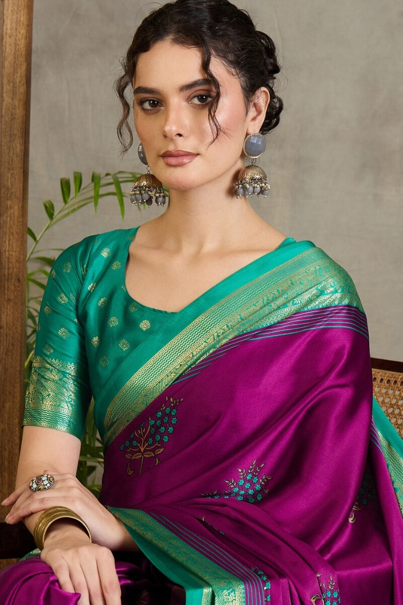 Snappy Purple Ajrakh Printed Semi Modal Silk Saree With Glorious Blouse Piece