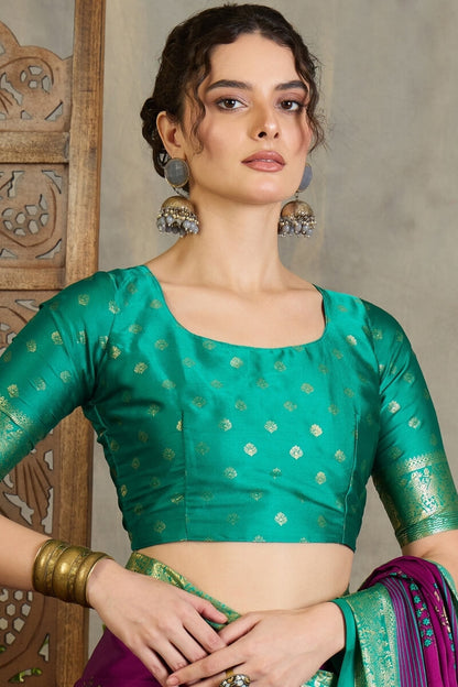 Snappy Purple Ajrakh Printed Semi Modal Silk Saree With Glorious Blouse Piece