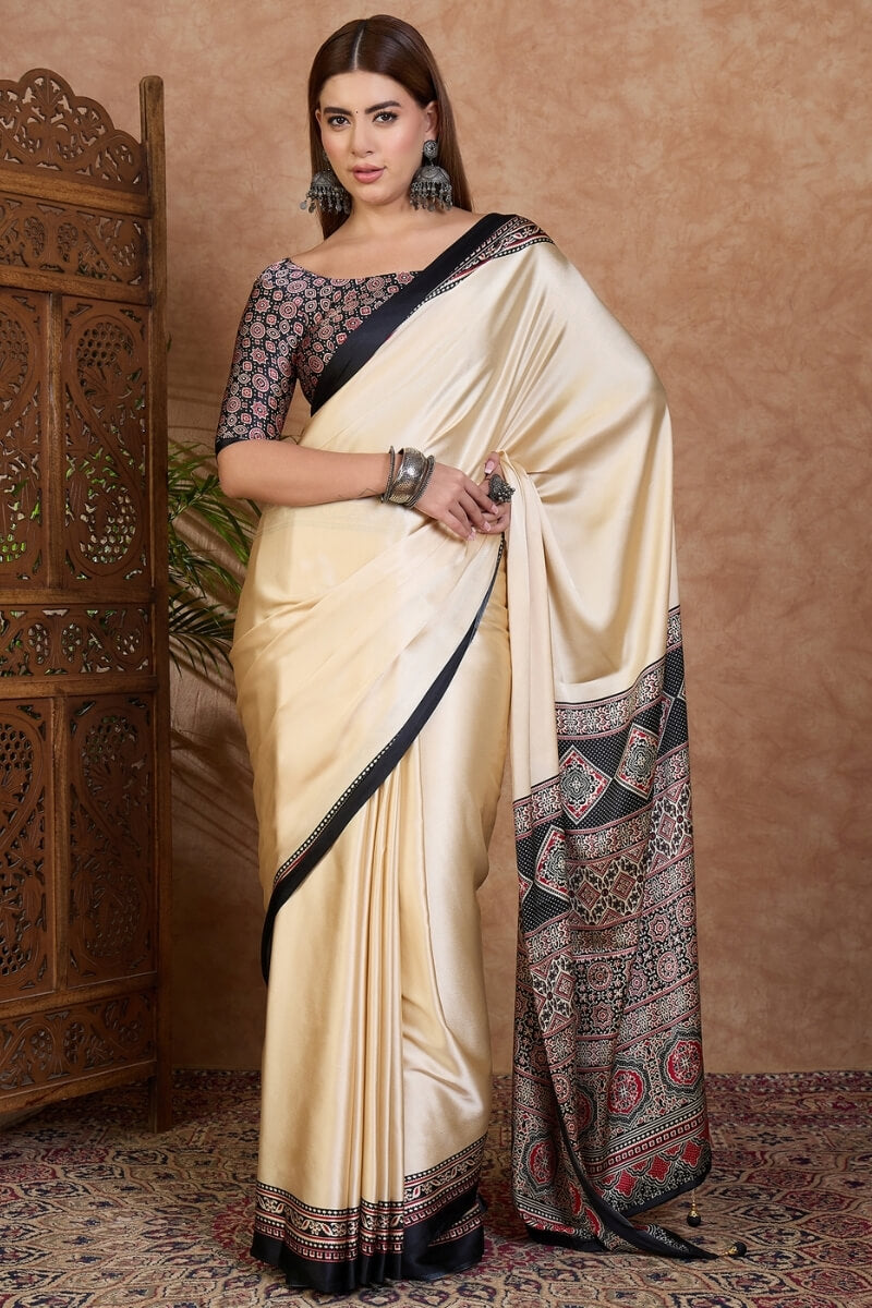 Panoply Off White Ajrakh Printed Semi Modal Silk Saree With Refreshing Blouse Piece