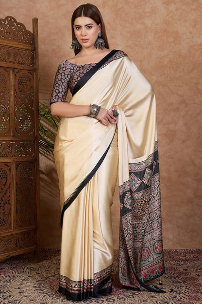 Panoply Off White Ajrakh Printed Semi Modal Silk Saree With Refreshing Blouse Piece