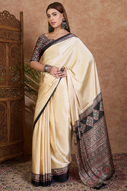 Panoply Off White Ajrakh Printed Semi Modal Silk Saree With Refreshing Blouse Piece
