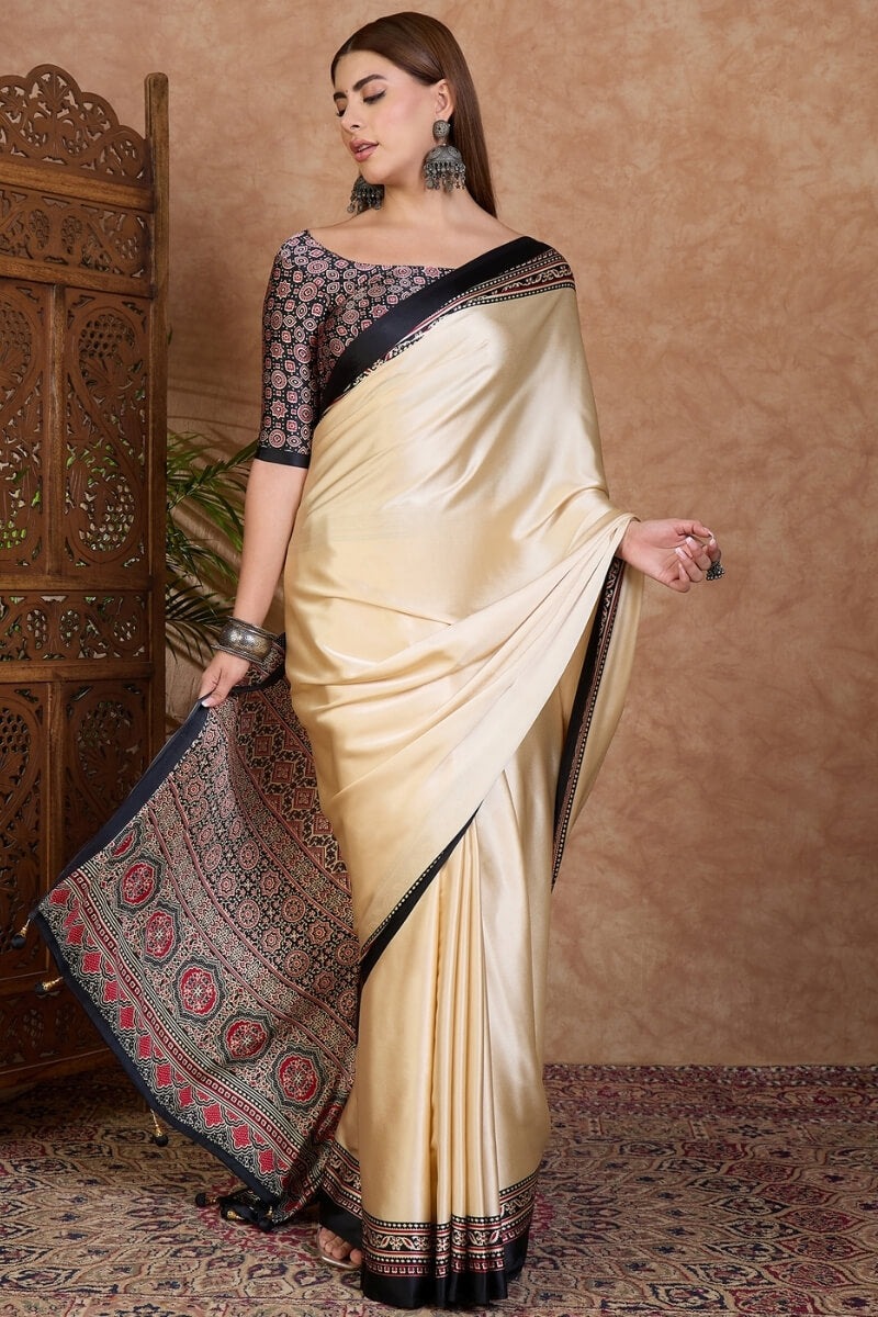 Panoply Off White Ajrakh Printed Semi Modal Silk Saree With Refreshing Blouse Piece